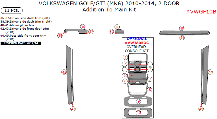Volkswagen Golf /Golf GTI 2010, 2011, 2012, 2013, 2014, 2 Door, Addition To Main Interior Kit, 11 Pcs. dash trim kits options