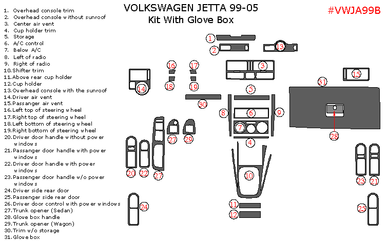 Volkswagen Jetta 1999, 2000, 2001, 2002, 2003, 2004, 2005, Interior Dash Kit, With Glove Box, 31 Pcs. dash trim kits options