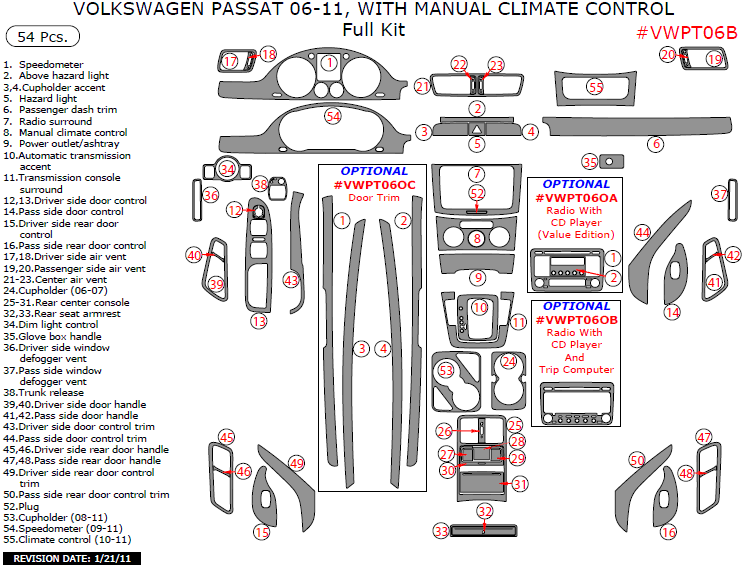 Volkswagen Passat 2006, 2007, 2008, 2009, 2010, 2011, With Manual Climate Control, Full Interior Kit, 54 Pcs. dash trim kits options