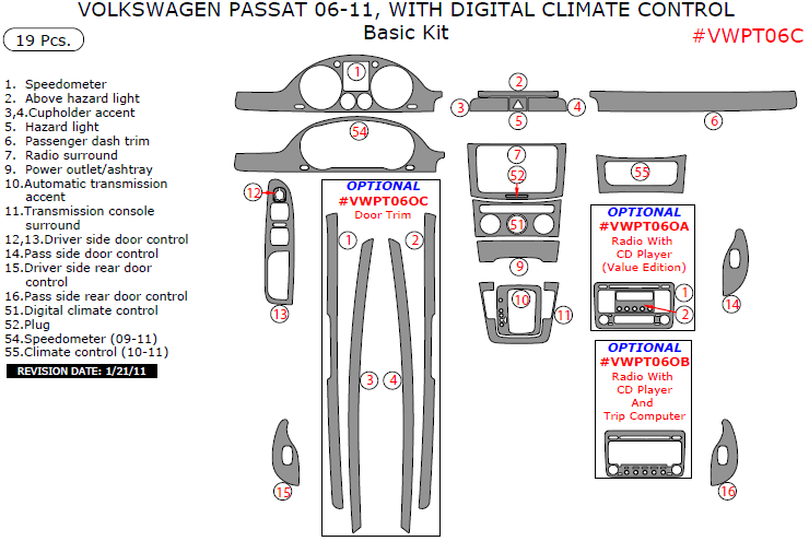Volkswagen Passat 2006, 2007, 2008, 2009, 2010, 2011, With Digital Climate Control, Basic Interior Kit, 19 Pcs. dash trim kits options