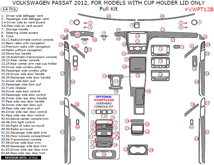 Volkswagen Passat 2012, Full Interior Kit (For Models With Cup Holder Lid Only), 64 Pcs. dash trim kits options