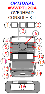 Volkswagen Passat 2012, 2013, 2014, 2015, Optional Overhead Console Interior Kit, 16 Pcs. dash trim kits options