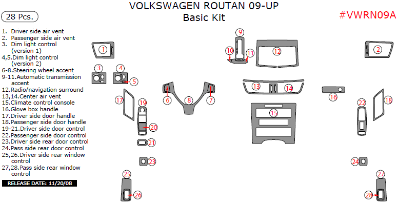 Volkswagen Routan 2009, 2010, 2011, 2012, 2013, 2014, 2015, Basic Interior Kit, 28 Pcs. dash trim kits options