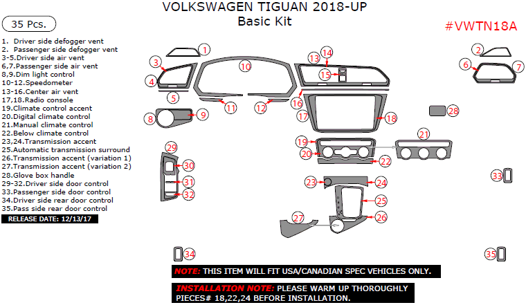 Volkswagen Tiguan 2018-up, Basic Kit, 35 Pcs. dash trim kits options