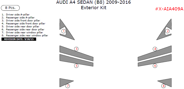 Audi A4 2009, 2010, 2011, 2012, 2013, 2014, 2015, 2016, Exterior Kit (Sedan Only), 8 Pcs. dash trim kits options