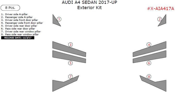 Audi A4 Sedan 2017-2025, Exterior Kit, 8 Pcs. dash trim kits options