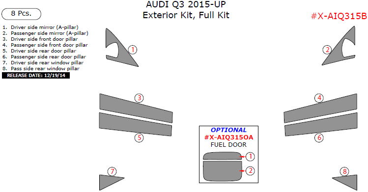 Audi Q3 2015, 2016, 2017, 2018, 2019 Exterior Kit, Full Interior Kit, 8 Pcs. dash trim kits options