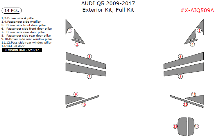 Audi Q5 2009, 2010, 2011, 2012, 2013, 2014, 2015, 2016, 2017, Exterior Kit, Full Interior Kit, 14 Pcs. dash trim kits options