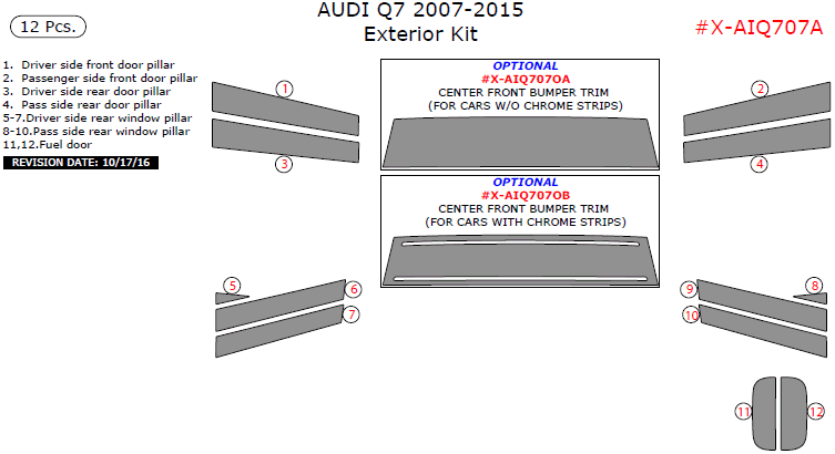 Audi Q7 2007, 2008, 2009, 2010, 2011, 2012, 2013, 2014, 2015, Exterior Kit, 12 Pcs. dash trim kits options