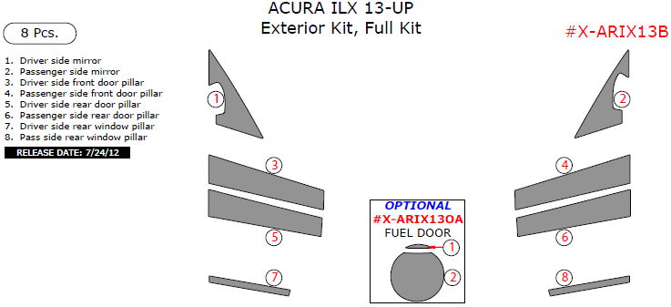 Acura ILX 2013, 2014, 2015, Exterior Kit, Full Interior Kit, 8 Pcs. dash trim kits options