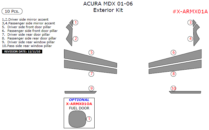 Acura MDX 2001, 2002, 2003, 2004, 2005, 2006, Exterior Kit, 10 Pcs. dash trim kits options