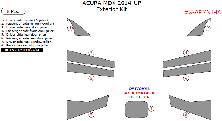 Acura MDX 2014, 2015, 2016, Exterior Kit, 8 Pcs. dash trim kits options
