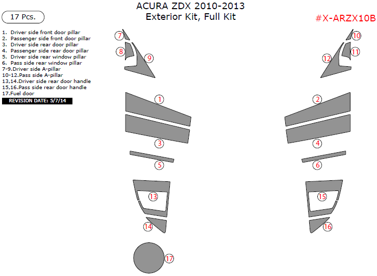 Acura ZDX 2010, 2011, 2012, 2013, Full Interior Kit, Exterior Kit, 17 Pcs. dash trim kits options