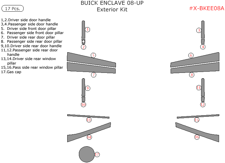 Buick Enclave 2008, 2009, 2010, 2011, 2012, Exterior Kit, 17 Pcs. dash trim kits options