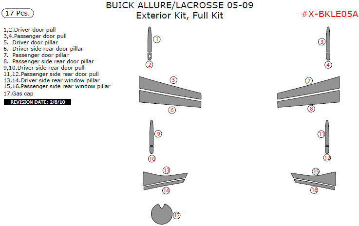 Buick Allure /Lacrosse2005, 2006, 2007, 2008, 2009, Exterior Kit, Full Interior Kit, 17 Pcs. dash trim kits options