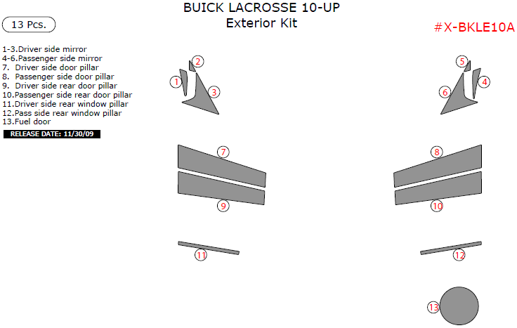 Buick Lacrosse 2010, 2011, 2012, 2013, Exterior Kit, 13 Pcs. dash trim kits options