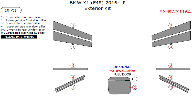BMW X1 (F48) 2016, 2017, 2018, 2019, 2020 Exterior Kit, 10 Pcs. dash trim kits options