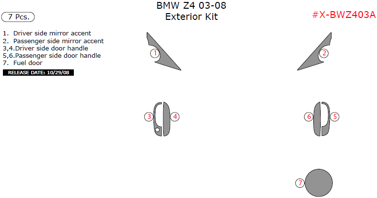 BMW Z4 2003, 2004, 2005, 2006, 2007, 2008, Exterior Kit, 7 Pcs. dash trim kits options
