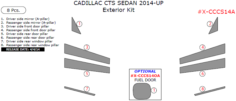 Cadillac CTS 2014, 2015, 2016, 2017, Exterior Kit (Sedan Only), 8 Pcs. dash trim kits options