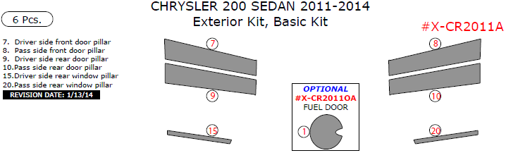 Chrysler 200 2011, 2012, 2013, 2014, Basic Exterior Kit (Sedan Only), 6 Pcs. dash trim kits options