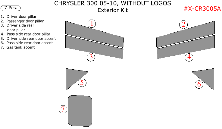 Chrysler 300 2005, 2006, 2007, 2008, 2009, 2010, Exterior Kit, W/o Logos, 7 Pcs. dash trim kits options