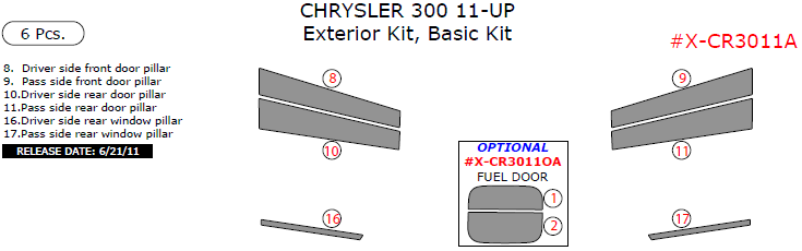 Chrysler 300 2011, 2012, 2013, 2014, 2015, 2016, 2017, 2018, Basic Exterior Kit, 6 Pcs. dash trim kits options