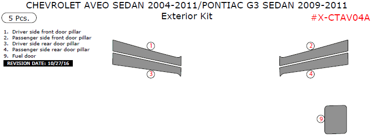 Chevrolet Aveo Sedan 2004, 2005, 2006, 2007, 2008, 2009, 2010, 2011/Pontiac G3 Sedan 2009-2010, Exterior Kit, 5 Pcs. dash trim kits options