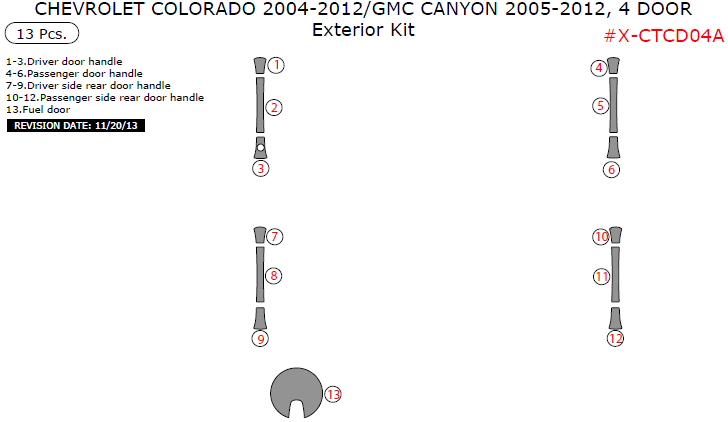 Chevrolet Colorado 2004, 2005, 2006, 2007, 2008, 2009, 2010, 2011, 2012, GMC Canyon 2005-2012, 4 Door, Exterior Kit, 13 Pcs. dash trim kits options
