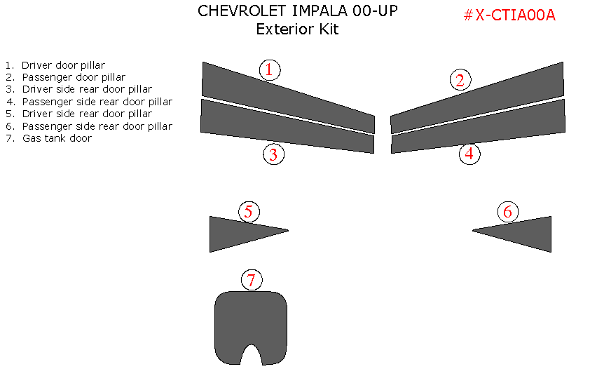 Chevrolet Impala 2000, 2001, 2002, 2003, 2004, Exterior Kit, 7 Pcs., Synthetic. dash trim kits options