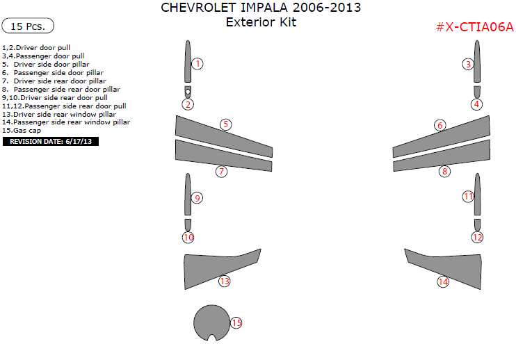 Chevrolet Impala 2006, 2007, 2008, 2009, 2010, 2011, 2012, 2013, Exterior Kit, 15 Pcs. dash trim kits options