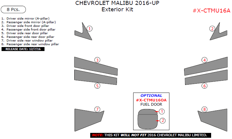 Chevrolet Malibu 2016, 2017, 2018, 2019, 2020, 2021, 2022, 2023, 2024, 2025 Exterior Kit, 8 Pcs. dash trim kits options