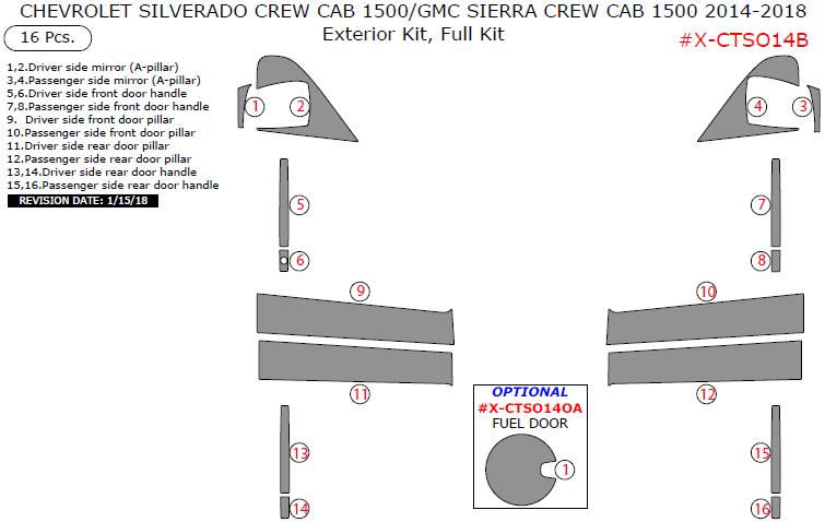 Chevrolet Silverado Crew Cab 1500/GMC Sierra Crew Cab 1500 2014, 2015, 2016, 2017, 2018, Exterior Kit, Full Interior Kit, 16 Pcs. dash trim kits options