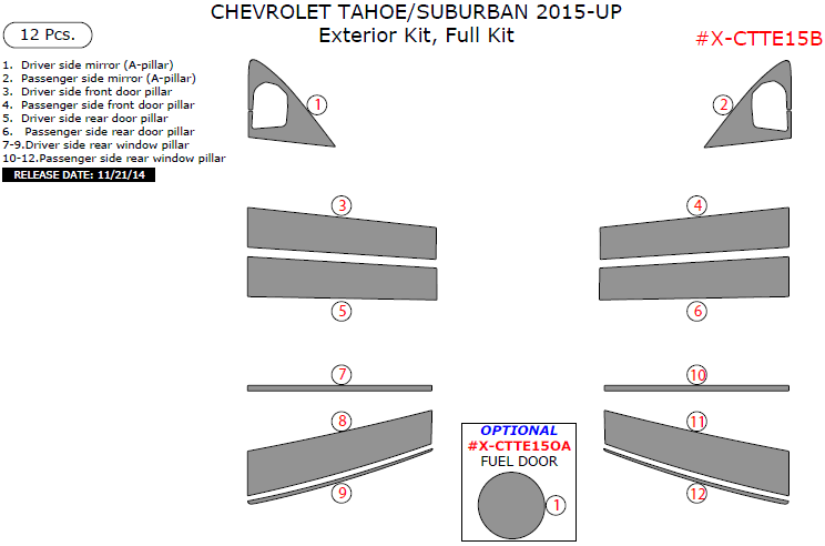 Chevrolet Suburban/Tahoe 2015, 2016, 2017, 2018, 2019, 2020 Exterior Kit, Full Interior Kit, 12 Pcs. dash trim kits options