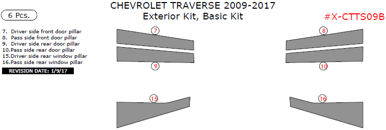 Chevrolet Traverse 2009, 2010, 2011, 2012, 2013, 2014, 2015, 2016, 2017, Basic Exterior Kit, 6 Pcs. dash trim kits options