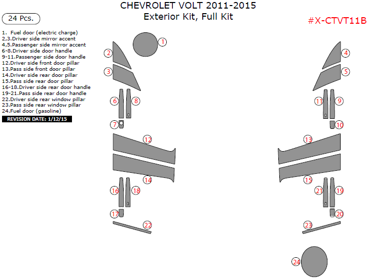 Chevrolet Volt 2011, 2012, 2013, 2014, 2015, Exterior Kit, Full Interior Kit, 24 Pcs. dash trim kits options