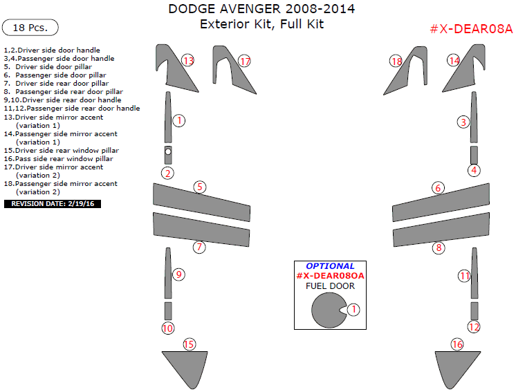 Dodge Avenger 2008, 2009, 2010, 2011, 2012, 2013, 2014, Exterior Kit, Full Interior Kit, 18 Pcs. dash trim kits options