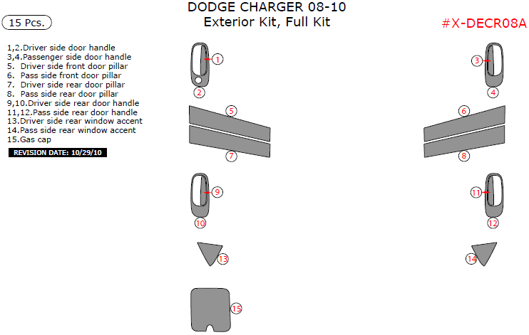 Dodge Charger 2008, 2009, 2010, Exterior Kit, Full Interior Kit, 15 Pcs. dash trim kits options