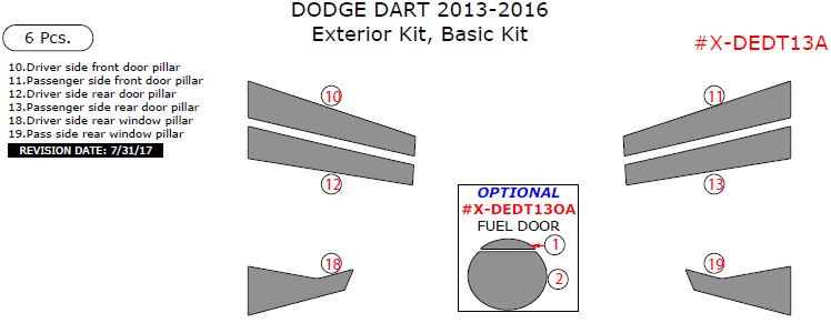 Dodge Dart 2013, 2014, 2015, 2016, Basic Exterior Kit, 6 Pcs. dash trim kits options