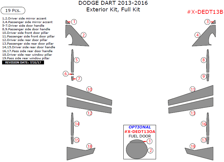 Dodge Dart 2013, 2014, 2015, 2016, Exterior Kit, Full Interior Kit, 19 Pcs. dash trim kits options