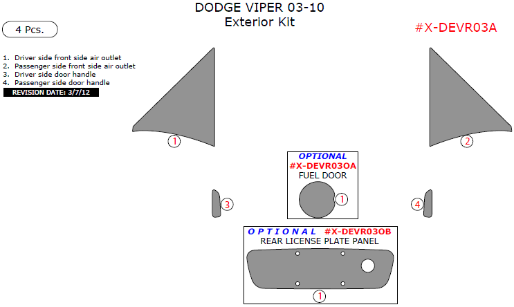Dodge Viper 2003, 2004, 2005, 2006, 2007, 2008, 2009, 2010, Exterior Kit, 4 Pcs. dash trim kits options