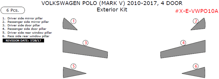 Volkswagen Polo (Mark V) 2010, 2011, 2012, 2013, 2014, 2015, 2016, 2017, 4 Door, Exterior Kit, 6 Pcs. dash trim kits options