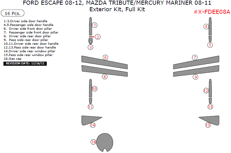 Ford Escape 2008, 2009, 2010, 2011, 2012, Mazda Tribute 2008-2011, Mercury Mariner 2008-2011, Exterior Kit, Full Interior Kit, 16 Pcs. dash trim kits options