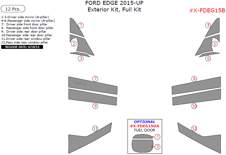 Ford Edge 2015, 2016, 2017, 2018, Exterior Kit, Full Interior Kit, 12 Pcs. dash trim kits options