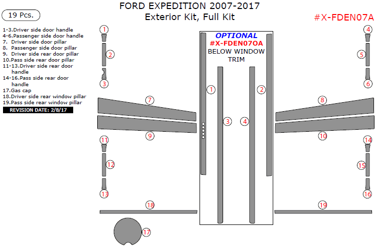 Ford Expedition 2007, 2008, 2009, 2010, 2011, 2012, 2013, 2014, 2015, 2016, 2017, Exterior Kit, Full Interior Kit, 19 Pcs. dash trim kits options