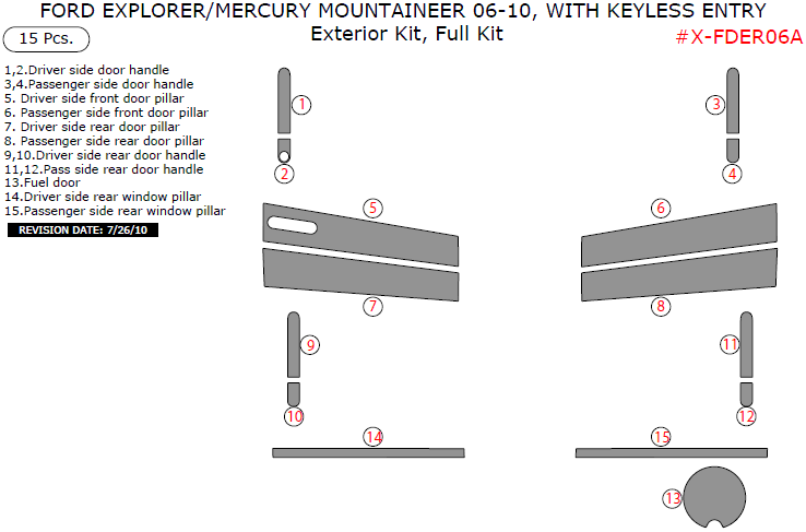 Ford Explorer 2006, 2007, 2008, 2009, 2010, Mercury Mountaineer 2006-2015, Exterior Kit, With Keyless Entry, Full Interior Kit, 15 Pcs. dash trim kits options