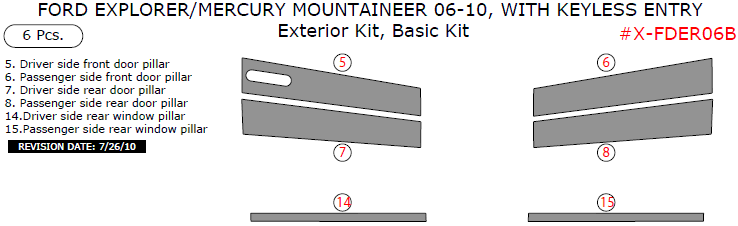 Ford Explorer 2006, 2007, 2008, 2009, 2010, Mercury Mountaineer 2006-2015, Basic Exterior Kit, With Keyless Entry, 6 Pcs. dash trim kits options