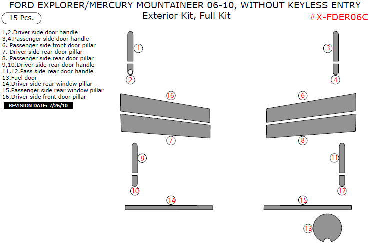 Ford Explorer 2006, 2007, 2008, 2009, 2010, Mercury Mountaineer 2006-2015, Exterior Kit, Without Keyless Entry, Full Interior Kit, 15 Pcs. dash trim kits options