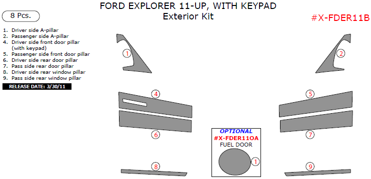 Ford Explorer 2011, 2012, 2013, 2014, 2015, 2016, 2017, Exterior Kit, With Keypad, 8 Pcs. dash trim kits options