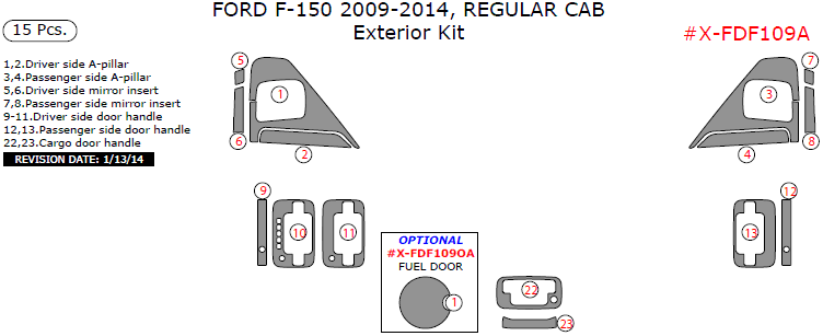 Ford F-150 2009, 2010, 2011, 2012, 2013, 2014, Exterior Kit (Regular Cab), 15 Pcs. dash trim kits options