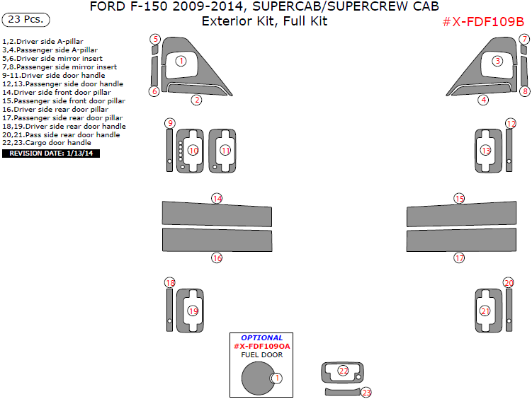 Ford F-150 2009, 2010, 2011, 2012, 2013, 2014, Exterior Kit (SuperCab/SuperCrew Cab), Full Interior Kit, 23 Pcs. dash trim kits options